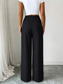 SwallowLucky Women's Fashion Deep Blue Fine Striped Wide Leg Pants, Drape Fabric, High Waist Metal Button Detail Black - Black - View 2