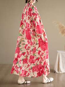 AZAH Halloween Elegant Ball 女款大尺碼花卉休閒洋裝，寬鬆圓領短蝙蝠袖中長裙，展現優雅氣質 - 紅色 - 查看 9