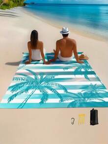 1 Piece 185*235CM Striped Coconut Tree Printed Waterproof And Sandproof Fabric Oversized Beach Blanket, Lightweight And Durable Suitable For Seaside Leisure Vacation Travel Outdoor Camping Picnic Mat - Multicolor - View 5