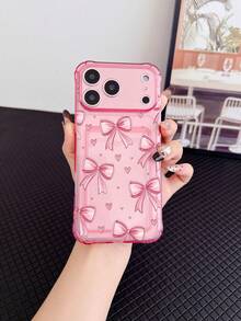 1pc Pink Transparent TPU Soft Sweet Pink Bow & Heart Pattern Four-Corner Anti-Drop Integrated Card Slot Phone Case, Fashion Versatile Creative Personalized, Full Coverage Protection Dustproof Waterproof Soft Shell Suitable For Versatile Phone Case/Card Holder Phone Case/Funny Phone Case/Android Phone Case - Multicolor - View 1
