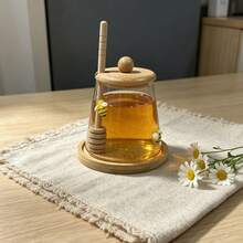 Multi-Purpose Bee Glass Honey Jar With Honey Stirrer, Bamboo Lid And Wooden Base, Transparent Glass Container, Suitable For Honey, Coffee Beans, Tea Leaves And Floral Arrangements - Multicolor - View 7