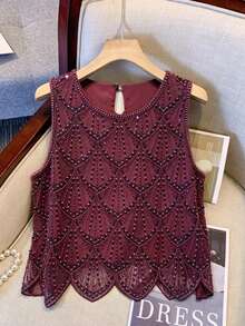 Women's Elegant Party Purple Blouse - Sleeveless Sequin Blouse, Casual Wear - Easy Care Hand Wash Evening Gown, Summer Fashion, Shiny Sequins - Red Violet - View 3