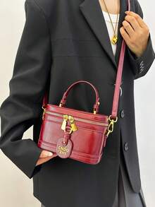 Hevel 女款優雅純色 PU 便攜方型包，適合旅行、購物、派對、通勤，女用手提包 - 酒紅色 - 查看 7