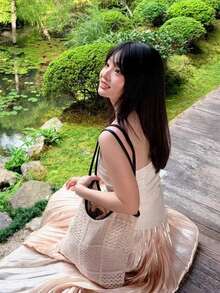 度假風小眾設計 INS 風 通勤出遊日常購物旅行鏤空編織托特包 海灘度假海灘包 時尚復古大容量腋下托特包單肩包 - 淺卡其色 - 查看 6