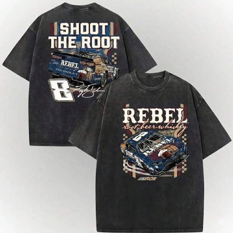 Camiseta vintage Kyle Busch Rebel Root Beer Whiskey Washed, Camiseta de homenaje a la leyenda de las carreras Número 8, Camiseta retro de deportes de motor de doble cara, Camiseta de - Negro - Ver 1