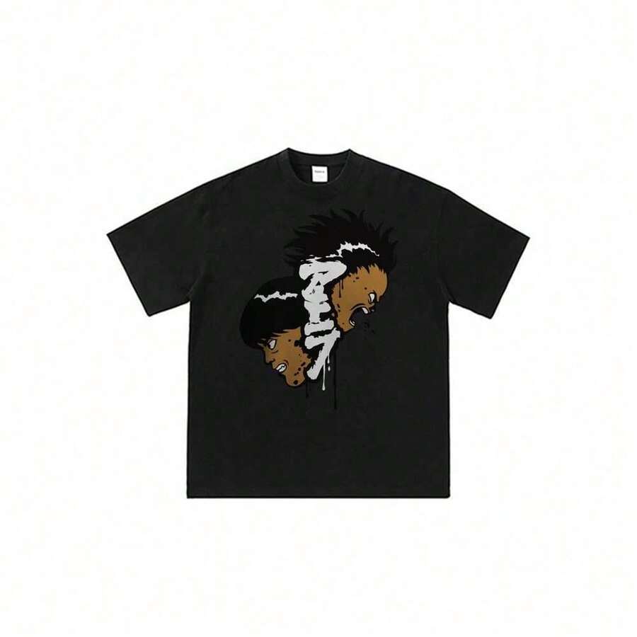 Akira-Kaneda-Tetsuo-Two-Faces-Drip 2026 Camisetas de Anime Japonés para Hombre, Divertidas y Lindas, Camisetas de Dibujos Animados para Mujer, Camisetas de Manga Corta, Camisetas con Estampa - Negro - Ver 1