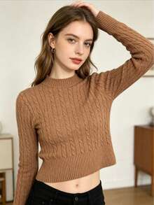 Light 's Cropped Sweater With Braids, Long Sleeves, Round Neck And Ribbed Trim, Ideal For Autumn And Winter. - Khaki - View 2