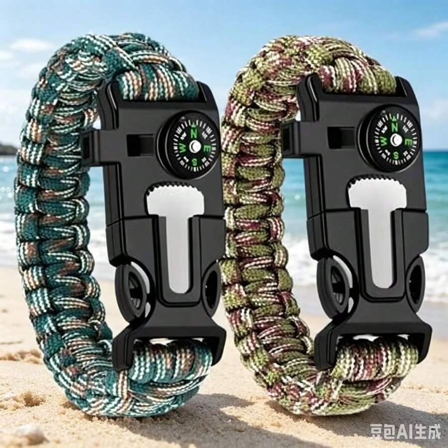 Pulsera trenzada de paracord para exteriores, pulsera de supervivencia multifuncional 5 en 1 con brújula de paracord - Multicolor - Ver 1