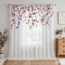 NOSBEI 1件裝 水彩蝴蝶花卉印花透光窗簾，輕量濾光桿套式窗簾布，適用臥室與客廳 - 粉色 - 查看 11