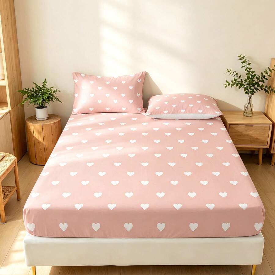 3pcs Sweet Style Pink Heart Pattern Printed Bed Sheet Set (1 Bed Sheet + 2 Pillowcases, Pillow Inserts Not Included), 90g Soft Polyester Fiber Breathable Mattress Protector, Quick-Dry, Fade-Resistant, High Elasticity, Non-Slip, Washable Bed Sheet Suitable For Apartment, Dorm, Home Bedroom Decor - Multicolor - View 1