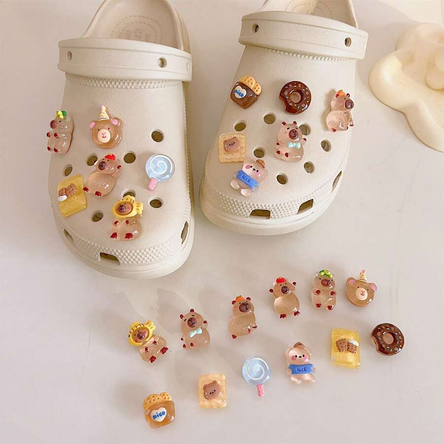 12pcs Cute Kapibala Shoe Flower Decorations, Fit For Summer Cute Slippers Decoration Clips, Transparent Cartoon Cute 3D Unisex Shoe Accessories - Brown - View 1