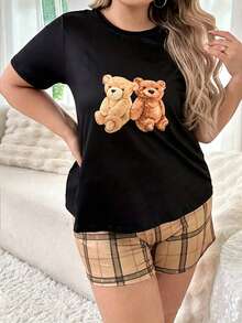 Cute Bear Cartoon Print 2 Pieces Pajama Set Comfortable Casual Print Shorts Women's Plus Size Loungewear - Black - View 4