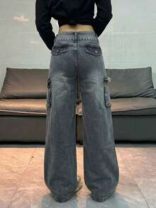 Loose-Fitting, Distressed Gray Cargo Trousers With A High Waist, Double Button, Rips, And Multiple Pockets, Floor-Length. - Medium Wash - View 3