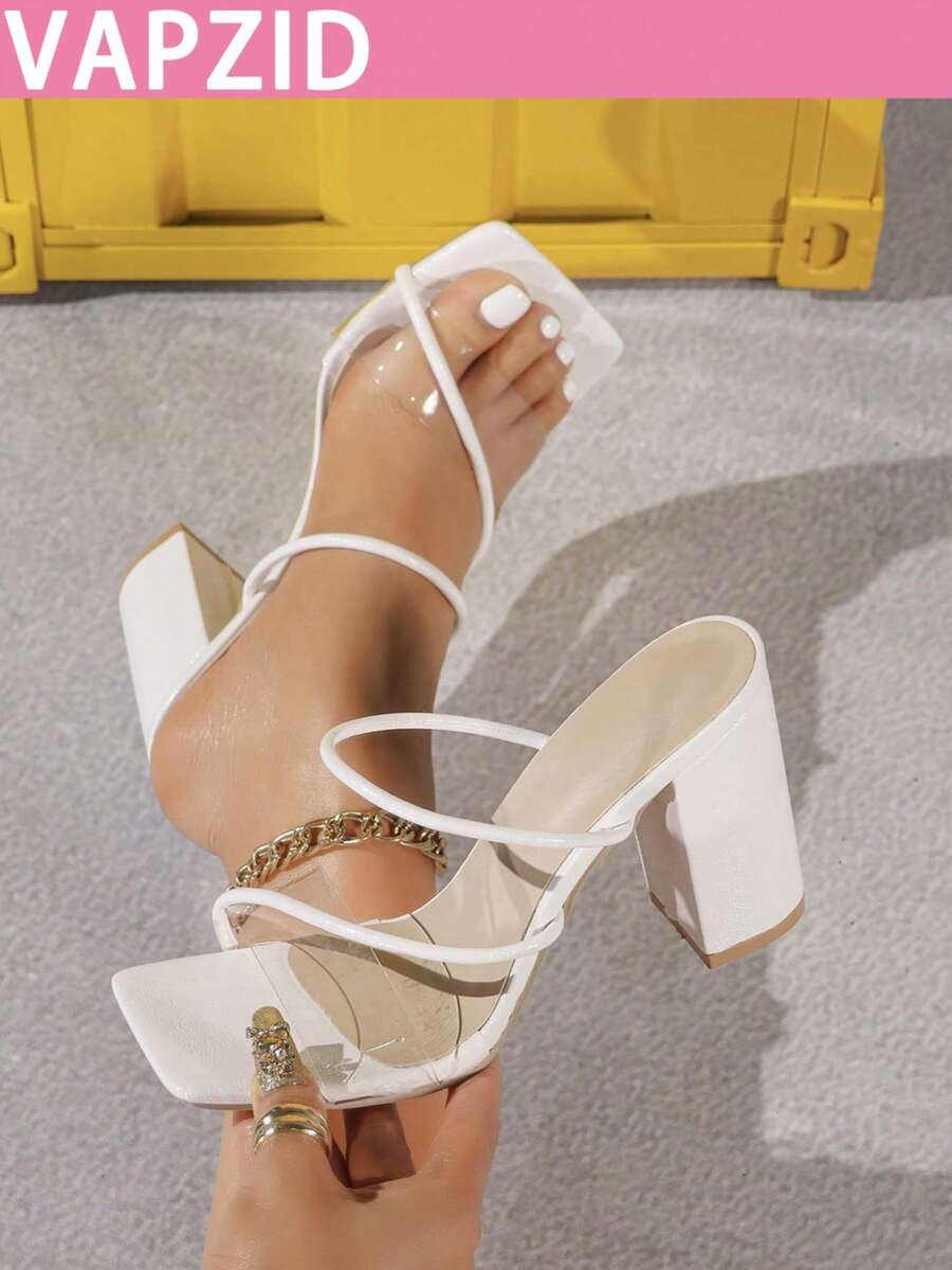 女款白色方頭粗跟透明綁帶性感高跟涼鞋,增高顯腿長時尚百搭舒適鞋 - 白色 - 查看 1