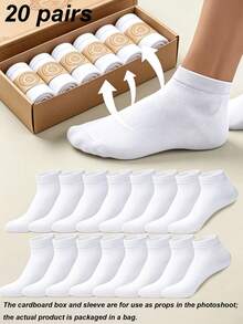 20 Pairs Men's Solid Color Boat Socks, Sweat-Absorbent, Breathable, Comfortable Invisible Socks, Suitable For Daily Wear, Sports, Business, Unisex, All Seasons, Best Gift Choice For Back To School And Holidays, Available In 1 Pair/10 Pairs/20 Pairs - White - View 7
