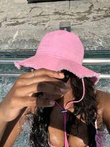 1pc Women's Drawstring Decor Bucket Hat, Adjustable Chin Strap Design, Distressed Effect, Soft Fabric, Sun Protection, Windproof, Fashionable And Versatile, Suitable For Travel, Beach, Vacation And Daily Casual Wear, Elegant And Stylish. - A - View 3