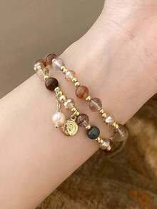 1pc Vintage Double Layer Crystal Pearl Beaded Women's Bracelet, Stone Bead Wrap Bracelet Jewelry Gift (Bead Color Random) - Multicolor - View 9