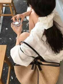 韓式度假風草編包，春夏新款旅行海灘小眾設計大容量托特包，單肩編織托特包，度假草編女包 - 淺卡其色 - 查看 2