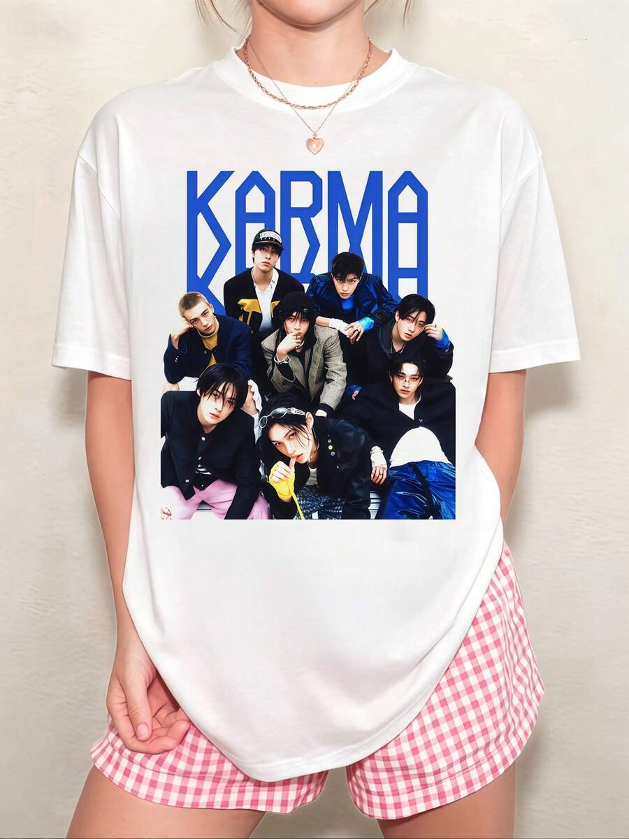 Unisex Oversized White T-Shirt Featuring A Group Photo Of Eight Korean Male Idols Under The Geometric Blue Lettering "KARMA" - A Casual Tee For Boy Group Fans - White - View 1