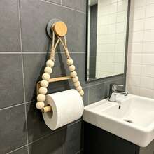 No-Drill Toilet Paper Holder, Rustic Style With Rope And Wooden Ball Decor, Adhesive Mount Toilet Paper Rack, Bathroom Accessory - View 1