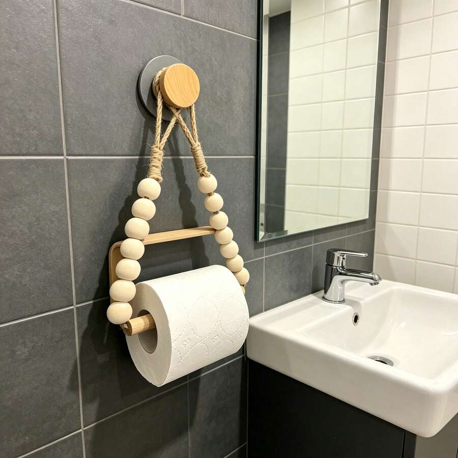 No-Drill Toilet Paper Holder, Rustic Style With Rope And Wooden Ball Decor, Adhesive Mount Toilet Paper Rack, Bathroom Accessory - View 1