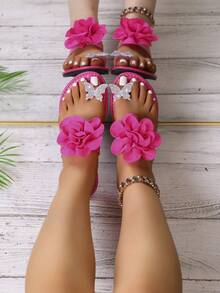 1 Pair Hot Pink Women's Summer Floral & Rhinestone Butterfly Decor Toe Loop Flat Slide Sandals, Stylish Open Toe Casual Slippers - Hot Pink - View 5