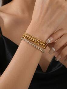ZIRUISP Cuban Style Layered Women's Bracelet, Rhinestone Tennis Bracelet, Adjustable Stainless Steel Chain Bracelet, Fashion Jewelry Gift, Suitable For Daily Wear - Diamond-encrusted Cuban Three-layer Bracelet - View 5