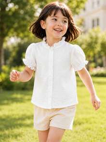 Girls' White Ruffle Collar Textured Fabric Blouse, Suitable For Spring/Summer, School, Daily Wear, Parties And Photos - White - View 3