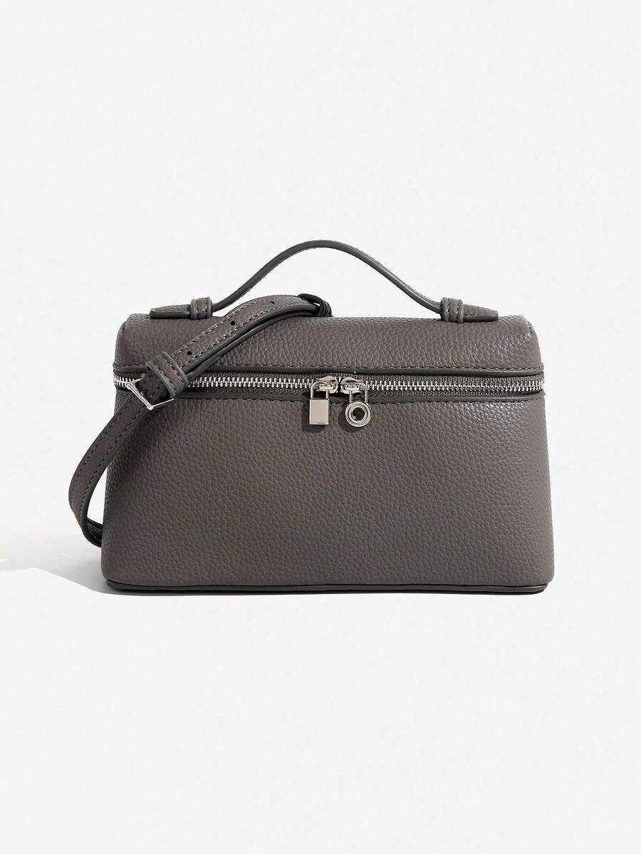 Bolso bandolera cuadrado de PU con textura de lichi de color sólido, ideal para la moda diaria y salidas de mujer. - Negro 3 - Ver 1