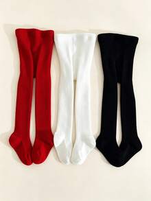 3 Pairs Girls' Brushed Fleece Tight Leggings, 3 Colors Simple Versatile Everyday Style, Suitable For 1-10 Years Old Children - Multicolor - View 2