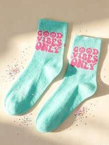 1雙女款卡通笑臉與「Good Vibes Only」字母印花青綠色中筒襪 - 藍色 - 查看 6