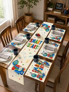 1pc-Back To School Table Runner And Placemats Set, Beige Smart Start Linen Dining Decor With Books, Globe, Apple, Pencil And Paper Plane For Teacher Classroom, Study Room And Home Table - Multicolor - View 6