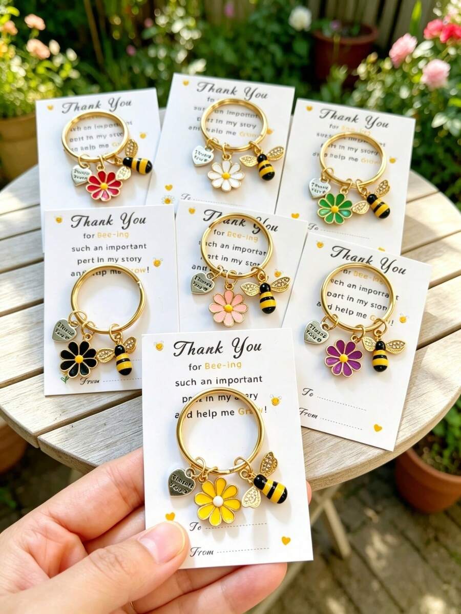1pc/5pcs/7pcs Bee & Daisy Keychain Set With Thank You Card, Bag Key Pendant, Holiday Gift, Cute Party Key Ring Gift, Suitable For Birthday, Wedding, Teacher's Day And Graduation Gift, Back To School, Thanksgiving Gift, Teacher Gift, Car Keychain Accessory, Bag Accessory