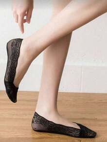 5/10 Pairs Women's Summer Lace Wavy Pattern Invisible Boat Socks, Sweat-Absorbing & Moisture-Wicking, Invisible Anti-Slip, Suitable - Black - View 5