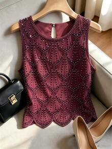 Women's Elegant Party Purple Blouse - Sleeveless Sequin Blouse, Casual Wear - Easy Care Hand Wash Evening Gown, Summer Fashion, Shiny Sequins - Red Violet - View 11