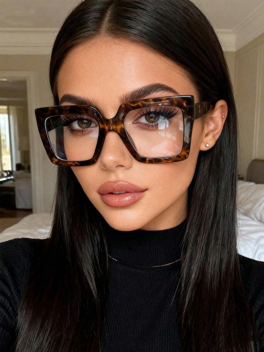 1 Pair Fashionable Women's Non-Prescription Square Frame Glasses, Suitable For Travel And Daily Wear - Clear - View 1