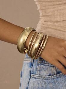6pcs/Set Vintage Elegant Wide Plain Metal Iron Sheet Bangles, Minimalist Bracelets, Suitable For Women's Daily, Party, Vacation And Multiple Occasions, Gift - Yellow Gold - View 1
