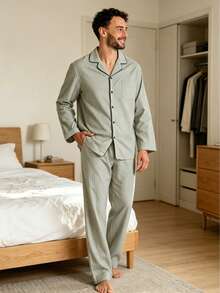 2PCS Men's Spring/Autumn Thin Striped Loose Long Sleeve Pants, Casual Home Wear, Suitable For Outdoor - Multicolor - View 1