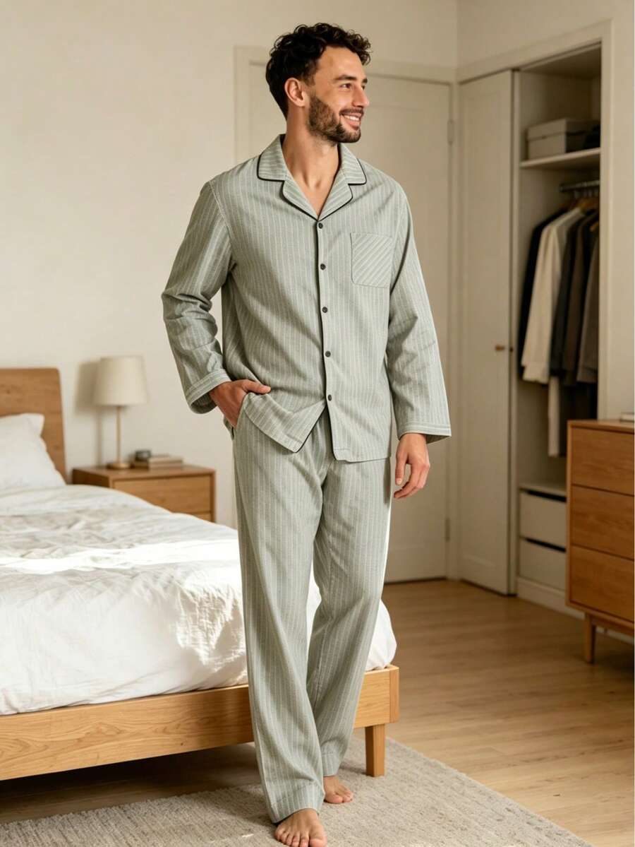 2PCS Men's Spring/Autumn Thin Striped Loose Long Sleeve Pants, Casual Home Wear, Suitable For Outdoor - Multicolor - View 1