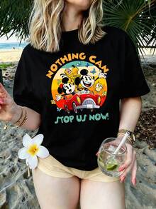 [Officially Licensed By Disney] Women's Casual Short-Sleeve Crew Neck Printed T-Shirt - Featuring Mickey Mouse And Minnie Mouse Designs. - 黑色 - 查看 1
