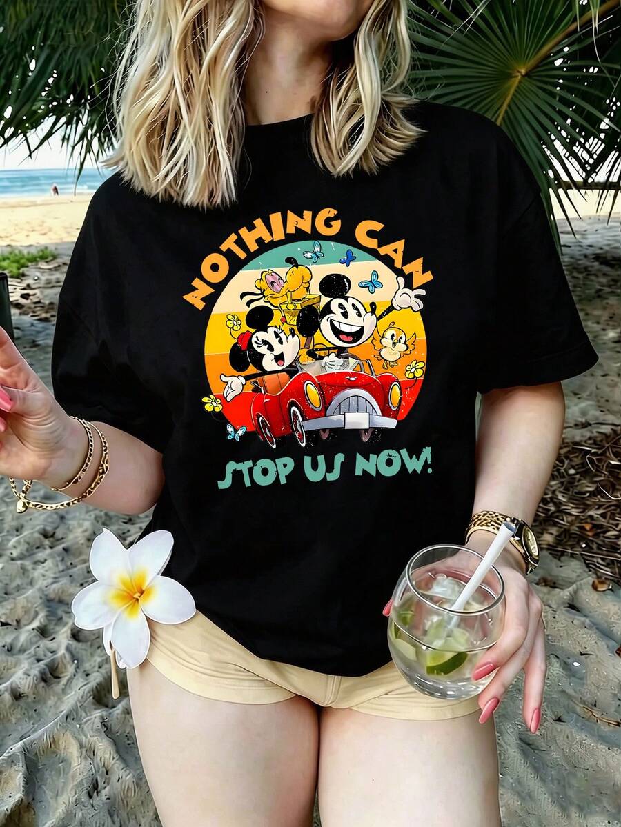 [Officially Licensed By Disney] Women's Casual Short-Sleeve Crew Neck Printed T-Shirt - Featuring Mickey Mouse And Minnie Mouse Designs. - 黑色 - 查看 1