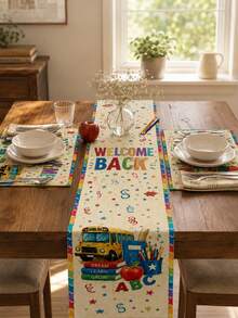 1 pieza - Juego de camino de mesa y manteles individuales de vuelta al colegio, decoración de mesa de comedor de lino con autobús escolar, letras ABC, libros, manzana y borde colorido para aula, fiesta de maestros y cocina - Multicolor - Ver 7