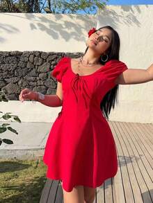 Vestido de verano/primavera de talla grande con cuello redondo, volantes, lazo, diseño romántico, vacaciones, dulce, ajustado, silueta evas - Negro - Ver 7