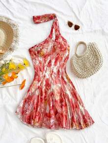 Vestido mini sexy de vacaciones para mujer con estampado floral romántico, tirantes de lazo y volantes en la parte trasera abierta - Multicolor - Ver 6
