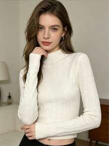 Women's White Cropped Long-Sleeved Blouse With A Ribbed Braid Pattern, Round Neck, And Soft Fabric With Medium Stretch. - White - View 3