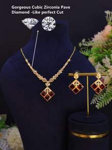 3pcs 18K Gold Plated Luxury Royal Style Square Design Women's Party Set, Handmade Inlaid Red Cubic Zirconia, Includes Necklace And Earrings, Suitable For Daily Wear, Party, Wedding Anniversary Gift - Square Design Set - View 4