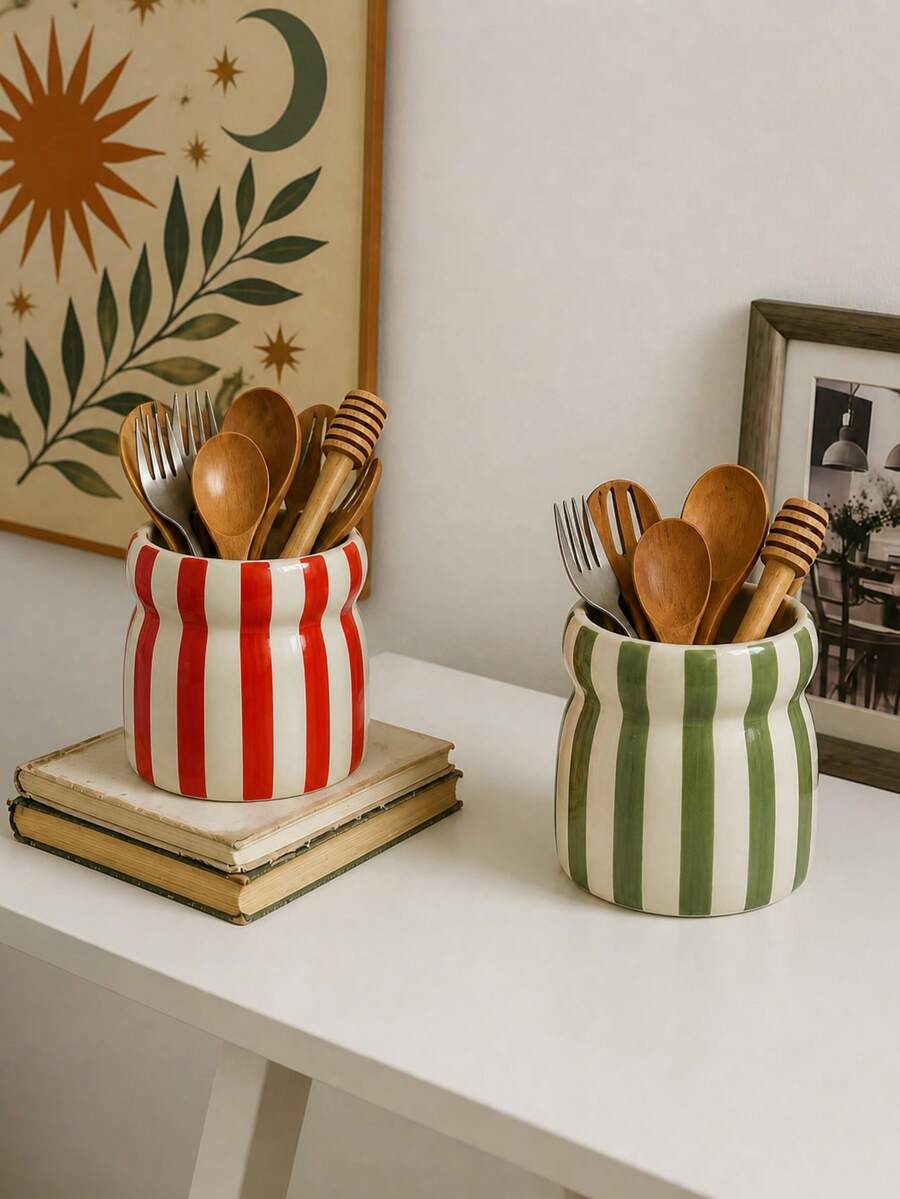 1pc Ceramic Striped Storage Canister, Tableware Organizer, Knife Holder, Eyebrow Pencil Makeup Tool Holder, Multiple Color Striped Patterns, Suitable For Kitchen Storage, Tableware Organization, Home Decor And Holiday Gifts - View 1
