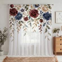 NOSBEI 1pc Watercolor Burgundy Red And Blue Rose Print Curtain, Semi-Sheer Light Filtering Curtain, Vintage Floral Pattern, Country Luxury Home Decor Curtain - Red - View 11