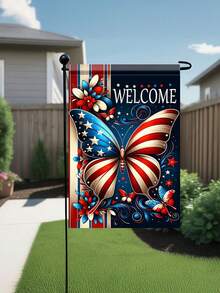2D Flat 1pc Single Independence Day Welcome Garden Flag - A Patriotic Design Featuring Butterflies And The American Flag, With A Red, White, And Blue Floral Pattern, Perfect For Outdoor Decoration For July 4Th In Your Yard, Lawn - A - View 1