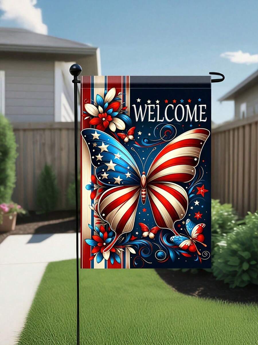 2D Flat 1pc Single Independence Day Welcome Garden Flag - A Patriotic Design Featuring Butterflies And The American Flag, With A Red, White, And Blue Floral Pattern, Perfect For Outdoor Decoration For July 4Th In Your Yard, Lawn - A - View 1